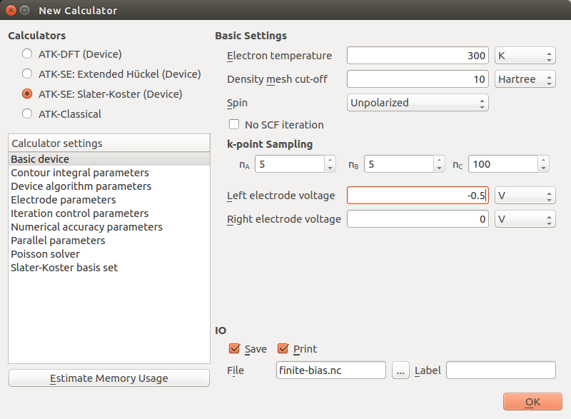 quantumwise setting deice calculation parameters